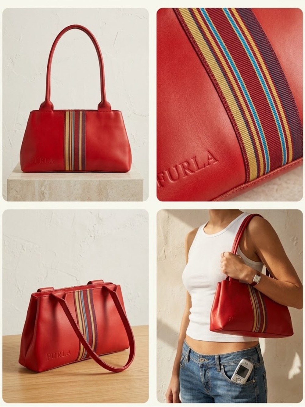 Furla y2k Red Striped leather Shoulder Bag